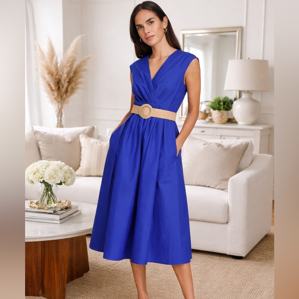 Jessica Howard Blue Belted Midi Dress Petite Size 10P NWT Office Vacation - Picture 9 of 9